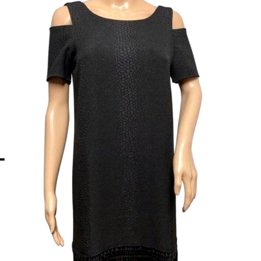Cooper & Ella‎ Black Textured Cold Shoulder Fringe Mini Shift Dress Women's XS